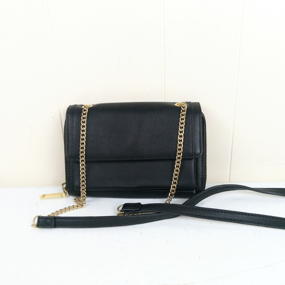 Black Leather Crossbody Bag with Gold Chain Strap